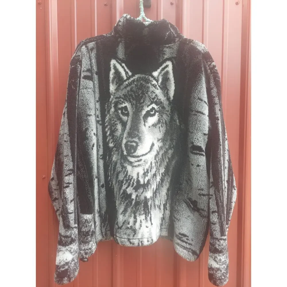 Black Mountain Wolf Fleece Jacket Black White vtg 90s Nature AOP Wolves USA L - Picture 7 of 7
